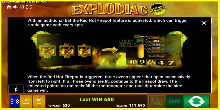 Explodiac Red Hot Firepot מכונת משחק לכסף, תְמוּנָה 7